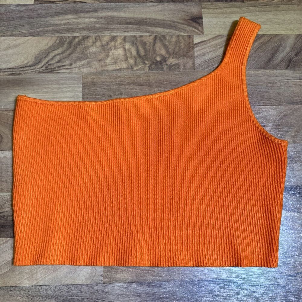 House of Harlow 1960 Luxe Essentials Ribbed Knit One Shoulder Orange Crop Top XL